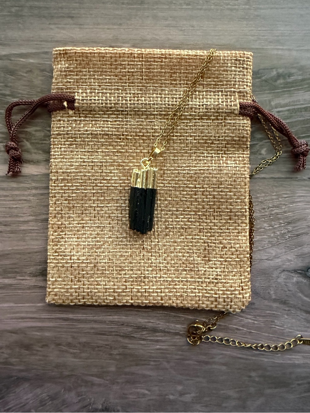 Brand New Raw Black Tourmaline Pendant with Gold plated Stainless Steel Chain
